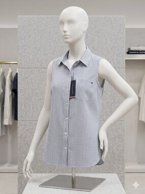 NWT Tommy Hilfiger Blue/White Pinstripe  Sleeveless button-up top